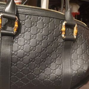 Gucci Black Leather Shoulder Bag with Bamboo Accents